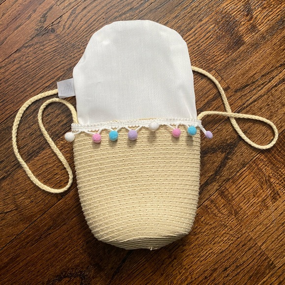 Crossbody Bag Kid Purse Woven PomPom accents Cream Pastel Pink Blue White Purple - Picture 8 of 10